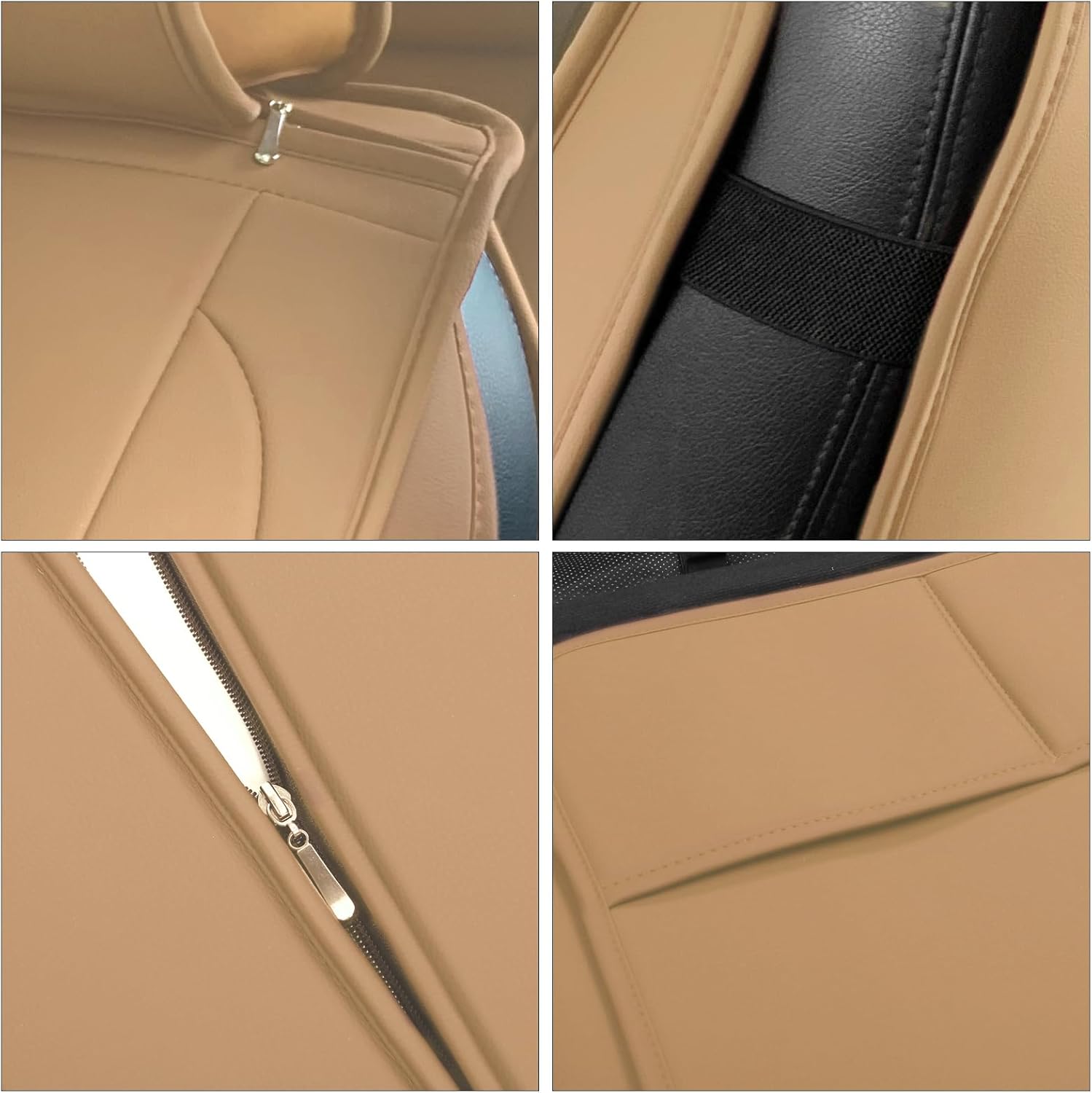 IKON MOTORSPORTS, Full Set Car Seat Covers Compatible with 2008-2023 Toyota Tundra Double & CrewMax Cab Pickup, PU Leather Driver Seat Cover Cushion Protectors, Beige