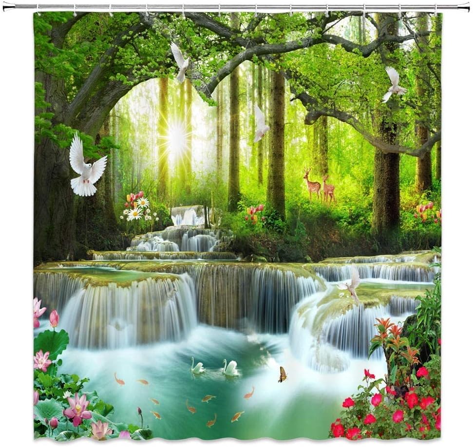 Waterfall Shower Curtain Nature Scenic Forest Tree Wild Animals Deer Birds Flower Butterfly Sunrise Summer Scenery Bathroom Decor Fabric Set with Hooks,(70" Wx74.8 H)