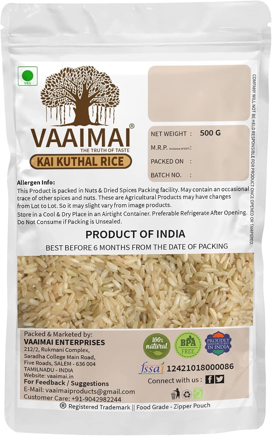 CROW VAAIMAI Handpounded Ponni Rice/ryż Kai Kuthal, 500 g