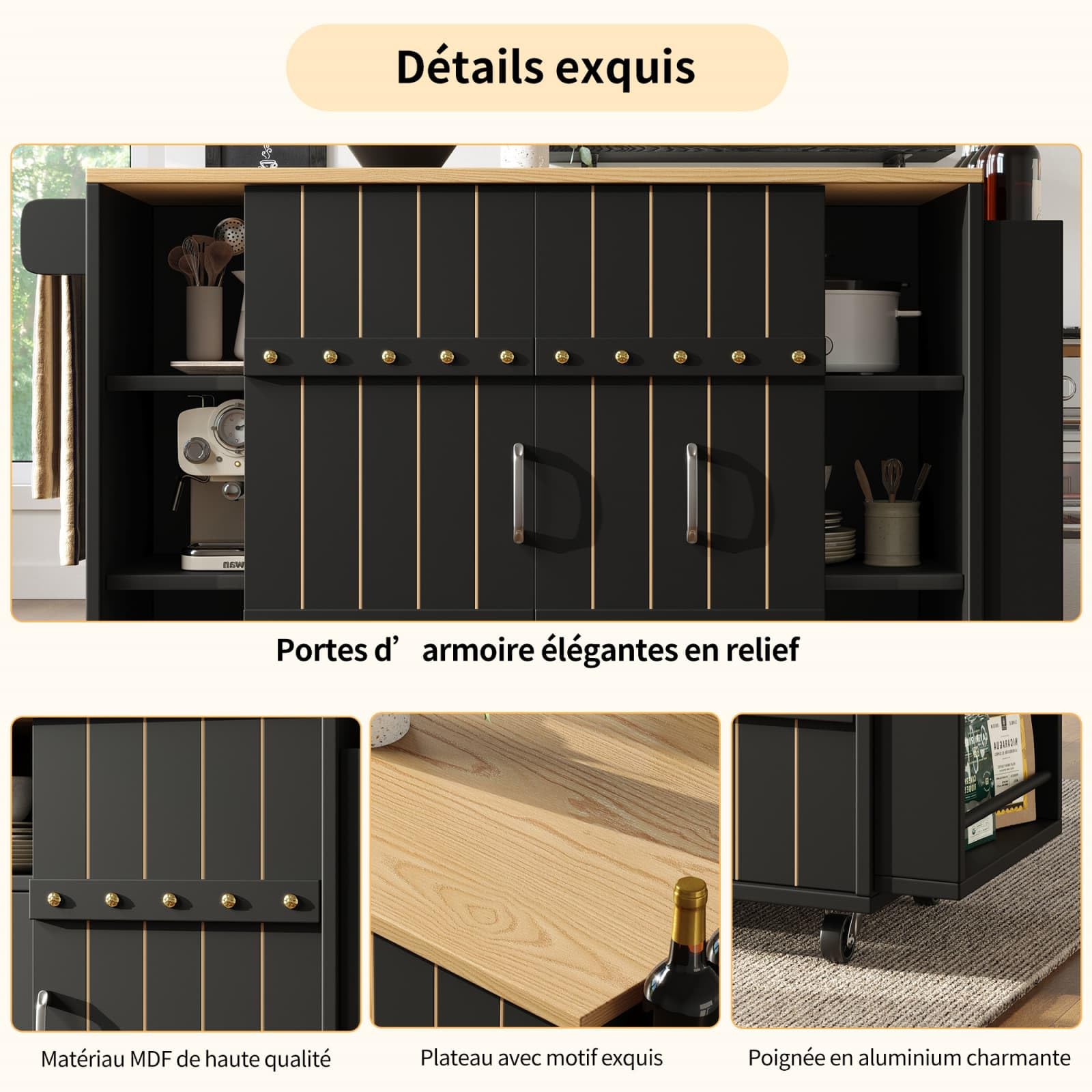 PUGSDRLY Desserte Cuisine à roulettes,Buffet Cuisine de Rangement avec Plateau de Table Pliable,3 Tiroirs et 2 Portes coulissantes,Espace de Rangement Multifonctionnel,avec Porte Serviettes (Noir-A)