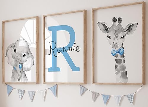 Juego de 3 pósteres de animales de safari para niños, habitación del bebé, sin marco, con nombre personalizado, corbatín azul, verde, amarillo,