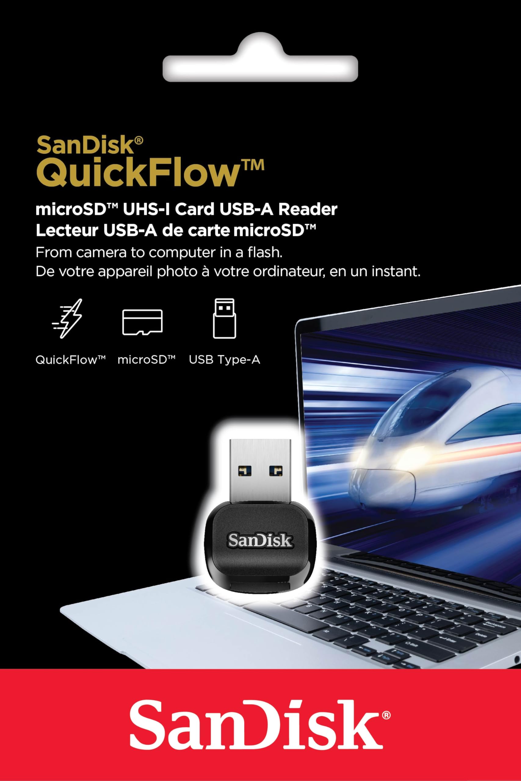 SanDisk QuickFlow SD UHS-I, lettura/scrittura di schede USB-A, velocità di lettura fino a 250 MB/s, velocità di scrittura fino a 150 MB/s, USB 3.2 Gen 1