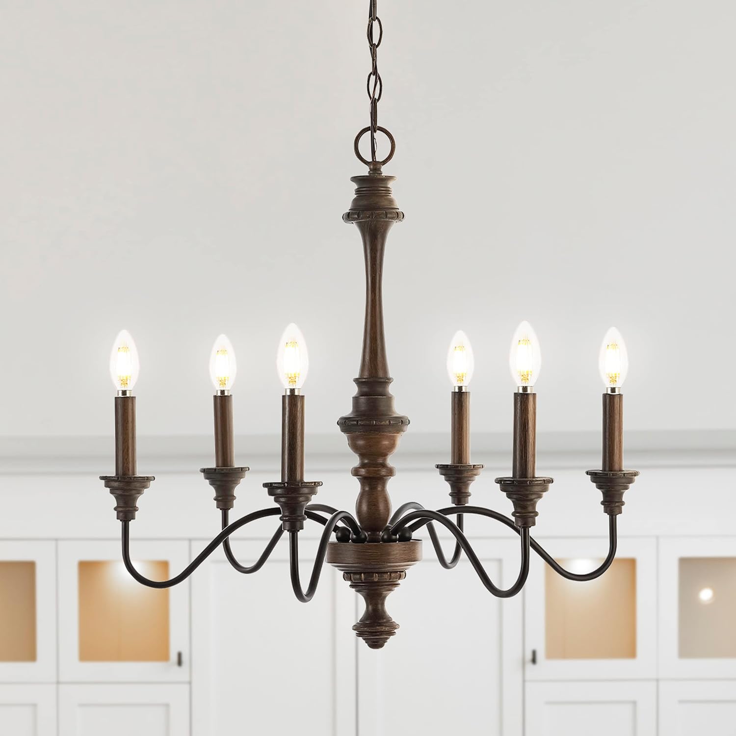 JONATHAN Y 25" Wood Finish Oil Rubbed Bronze 6-Light Iron Chandelier, Midcentury Farmhouse Rustic Barnwood Candle Ceiling Fixture for Dining Room, LED Bulbs Included JYL1320A