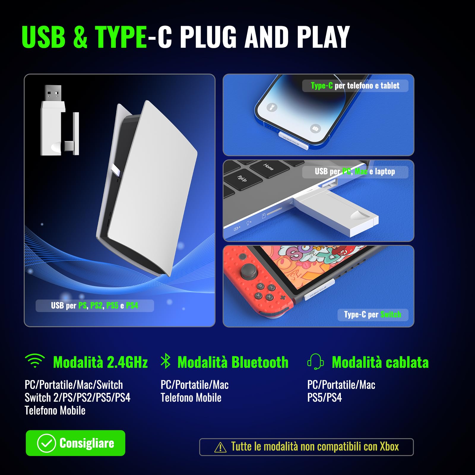Black Emblem X2 Cuffia Gaming Senza Fili 2.4ghz - 3 Modalità Di Connessione Per Pc, Ps5, Ps4 Con Audio Senza Perdite Tramite Usb - Cuffia Con Microfono Rimovibile Per Iphone 16, Telefoni Android