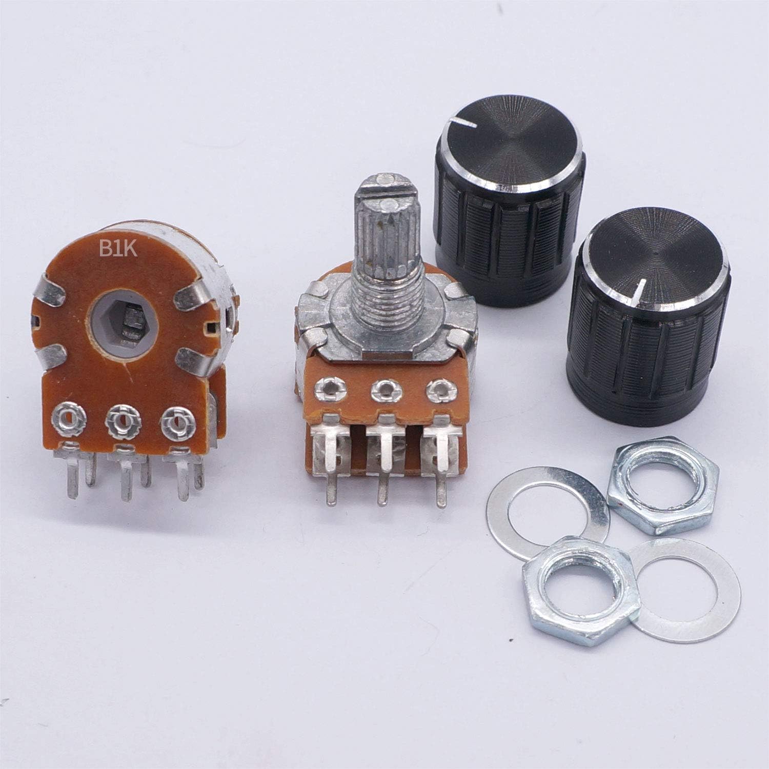 Taiss 5pcs Potentiometers 1K Ohm,Volume Control Potentiometer,6 Pins Split Shaft Rotary Linear Dual Taper Audio B Type Potentiometer with 5pcs Knob