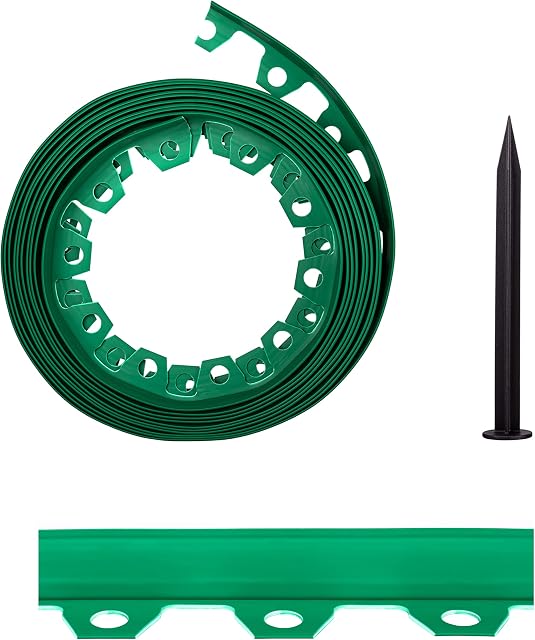 Lawn Garden Edging Border with Heavy-Duty Ground Stakes 32ft | 10m Green 4CM High Flexible Flower Bed Edge and Reinforced Plastic Pegs, Professional Landscape Dividers, All Weather Resistant