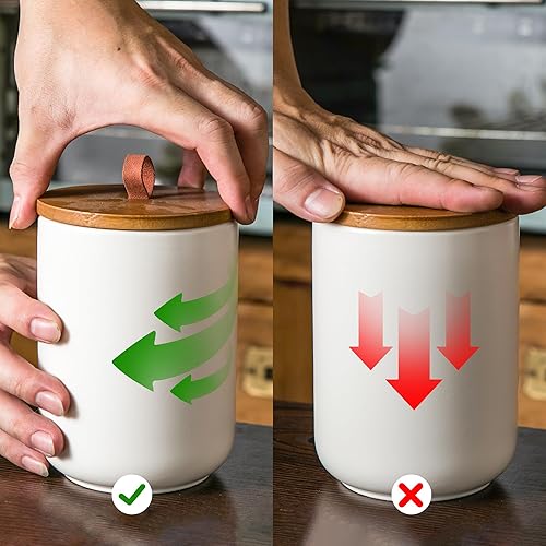 Vista 5 de JOJUNO Juego de recipientes de cerámica blanca con tapa de madera, tarros herméticos de almacenamiento de alimentos de 3 piezas para encimera