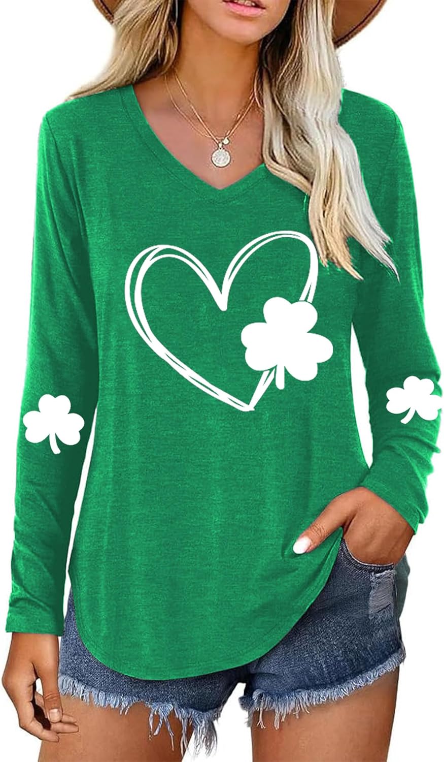 St Patricks Day Shirt Women:V Neck Green Shamrock Long Sleeve Shirt Lucky Leaf Clover Shirt