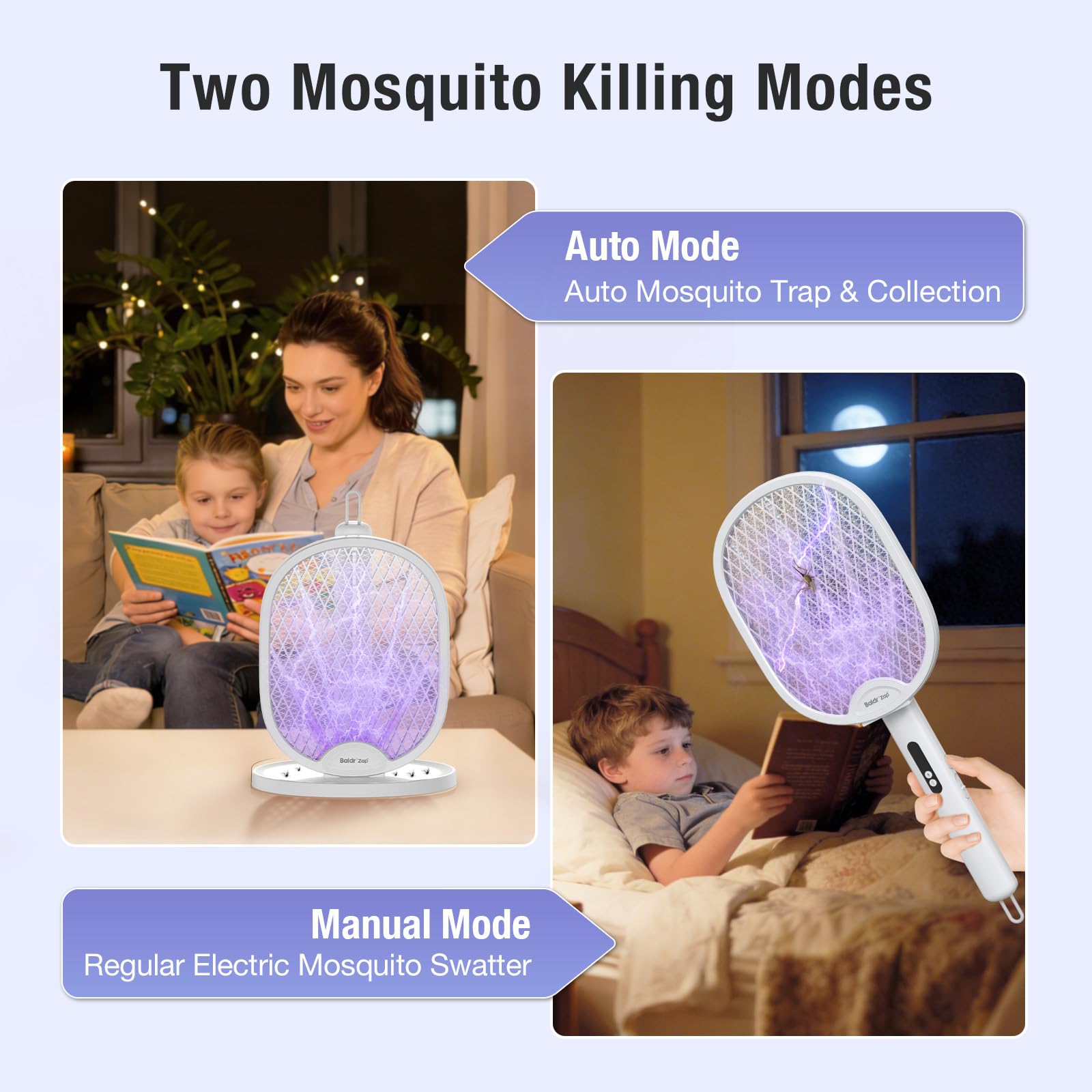 Matamoscas Eléctrico 3000V Repelente de Insectos Recargable - Repelente de Mosquitos de Doble Modo con luz púrpura, Red de Seguridad de 3 Capas para el hogar, Dormitorio, Cocina, Oficina