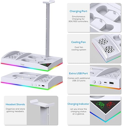 Miniatura 2 de Estación de carga de ventilador de refrigeración RGB mejorada para consola y controlador Xbox Series S, base de carga dual y soporte de sistema