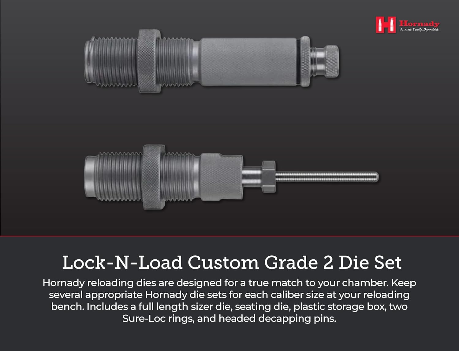 Hornady Custom Grade New Dimension 2-Die Set, 223 REM (.224) (546228) - Caliber Specific Reloading Equipment for Handloaders with Full Length Sizer Die, Seating Die, Sure-Loc Rings, & Storage Box