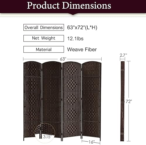 Miniatura 3 de Rose Home Fashion RHF Biombo de 6 pies de alto, paneles de fibra tejida en rombos, biombo divisor de habitación, biombo plegable.