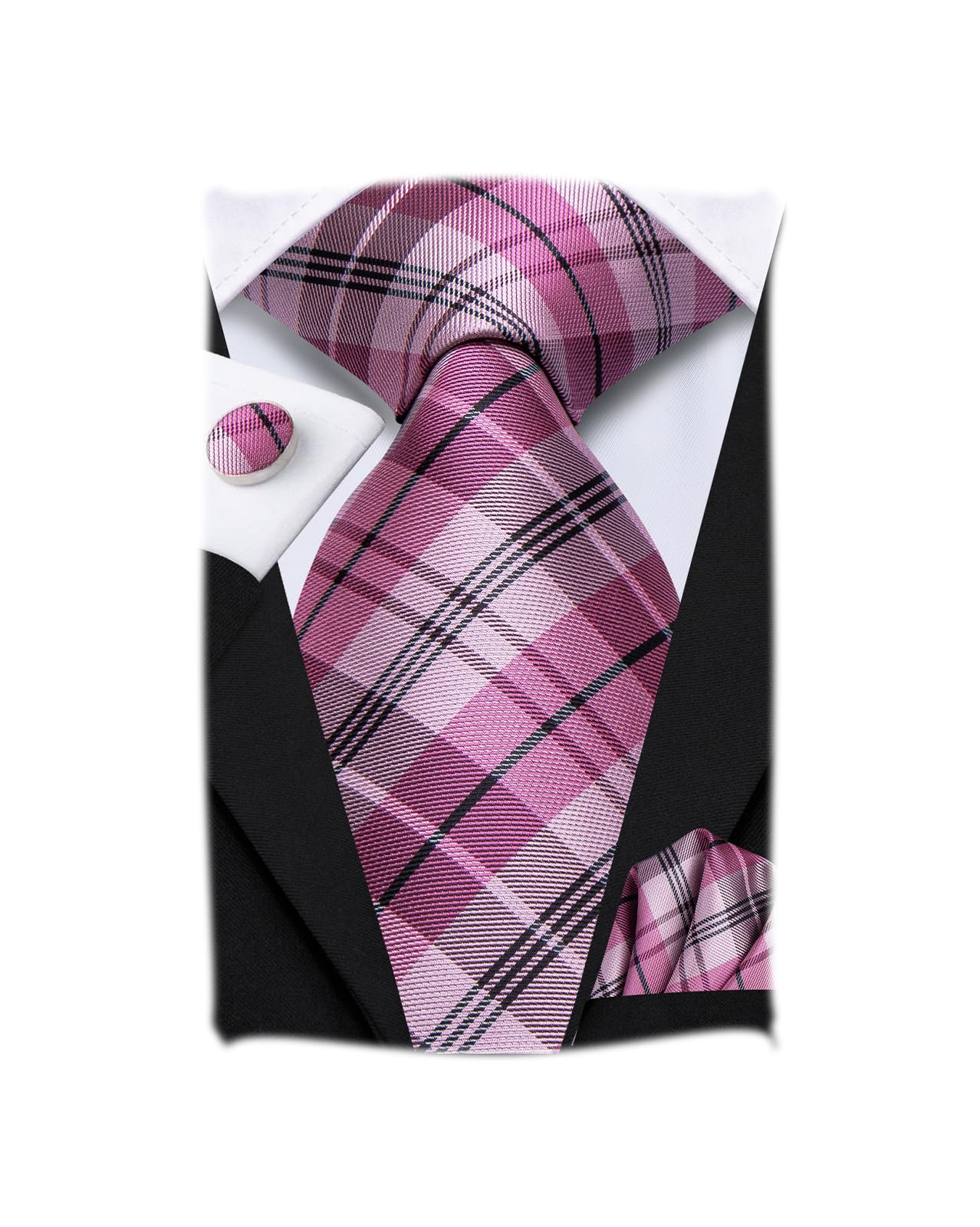 Hi-Tie Mens Plaid Ties Classic Paisley Necktie with Handkerchief Cufflinks Set Business Stripe Tie