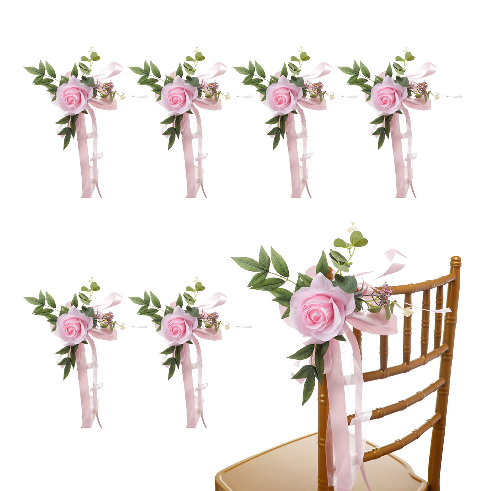 LEMCC 6 Piezas de decoración de Flores para sillas de Boda, Flores de peonía Artificiales con Cintas para Ceremonia de Boda, decoración de Flores de Pasillo de Boda,27 cm