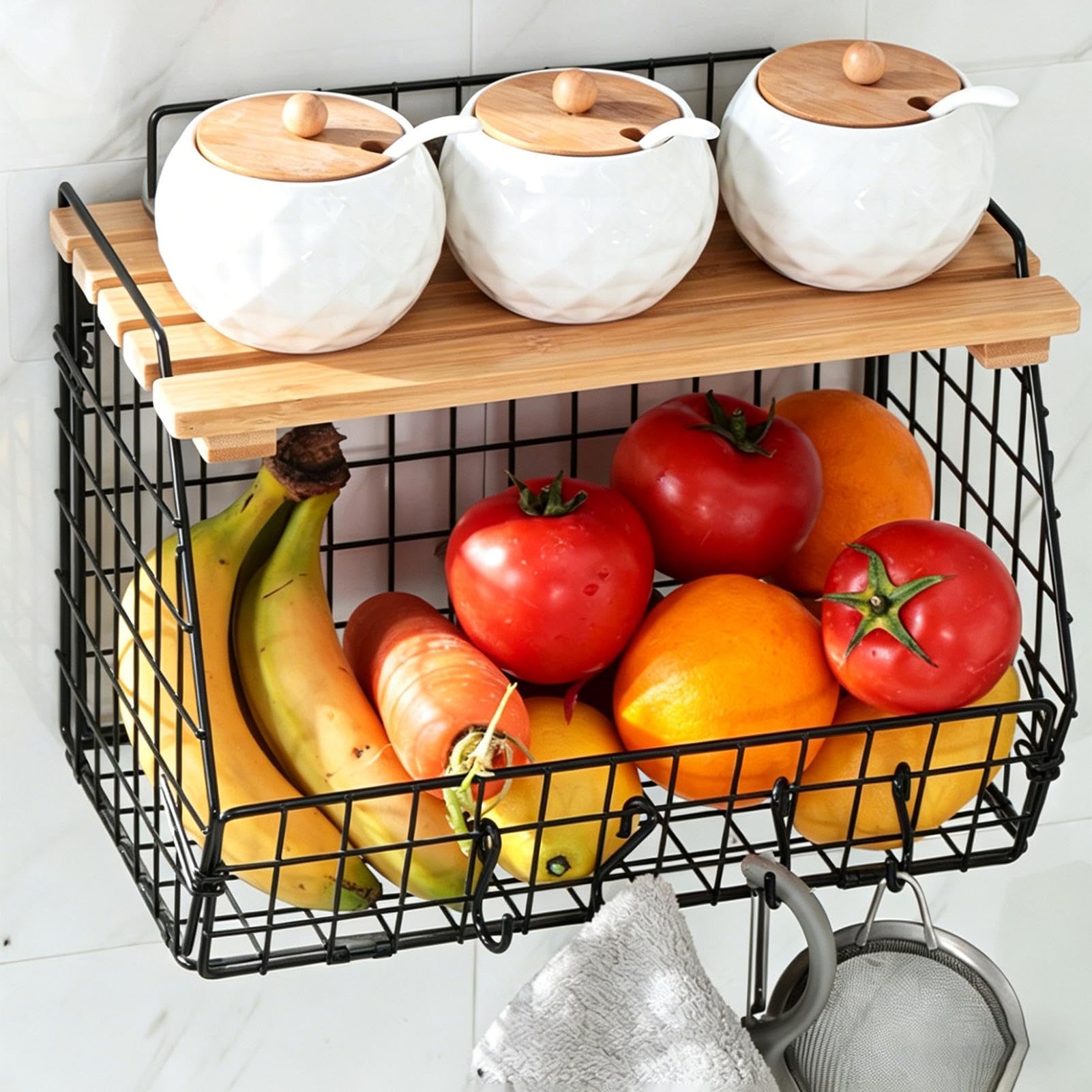 Cesta de alambre de almacenamiento, contenedor montado en la pared para uso en la cocina, marco de hierro con tapa de madera, función de diseño apilable, accesorio de fácil organización, adecuado para