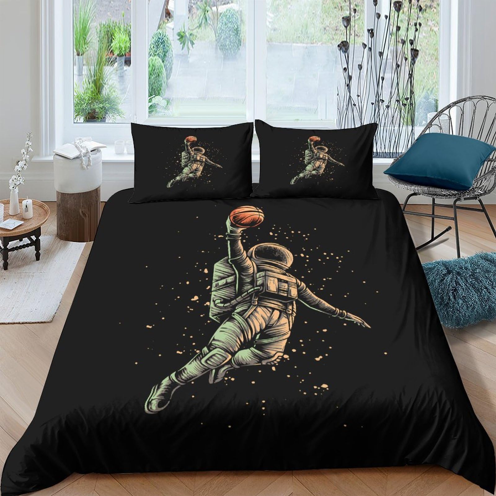Ctjqhvkz Style-2 3D Printed Astronaut Basketball Fitted Sheet Microfiber Black Art Mattress Cover For Bedroom Dorm Guest Room Decor Single（135X200cm）