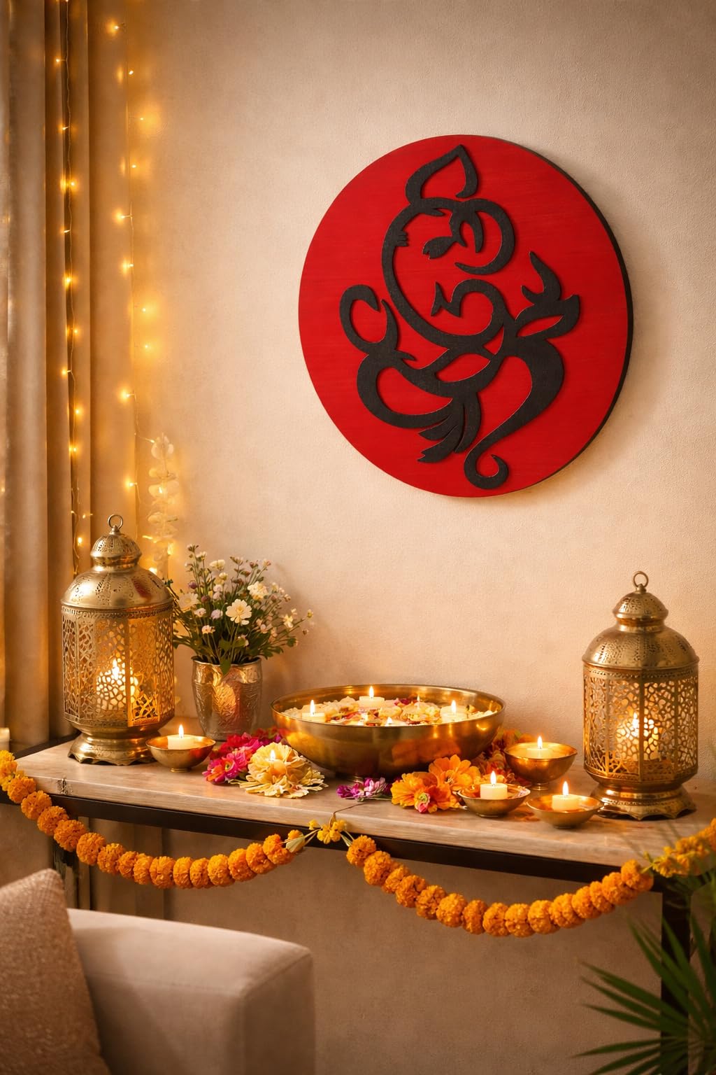 Decoración de pared moderna de línea Ganesha redonda en madera abstracta 3D 8