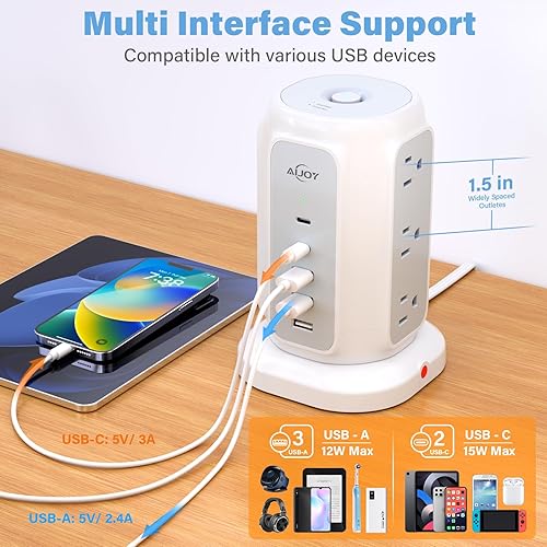 Miniatura 6 de Torre de regleta de alimentación de enchufe plano con 9 salidas y 5 puertos USB (2 USB C), torre protectora de sobretensiones AiJoy 1200J con cable