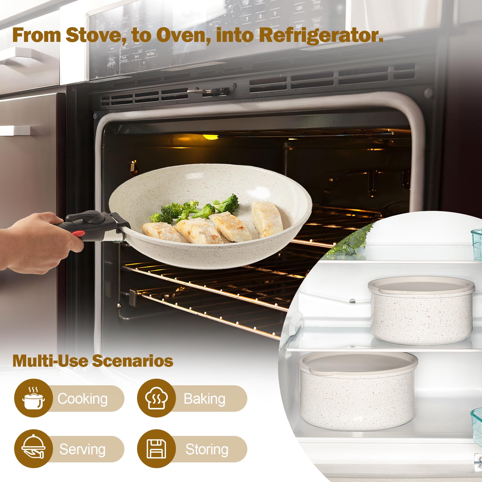 ROSSETTO Batterie de Cuisine, Set de casserole poele induction avec poignée amovible et revêtement anti-adhésif en céramique, empilable Set de casseroles (Gris Cendré, 15 pièces)