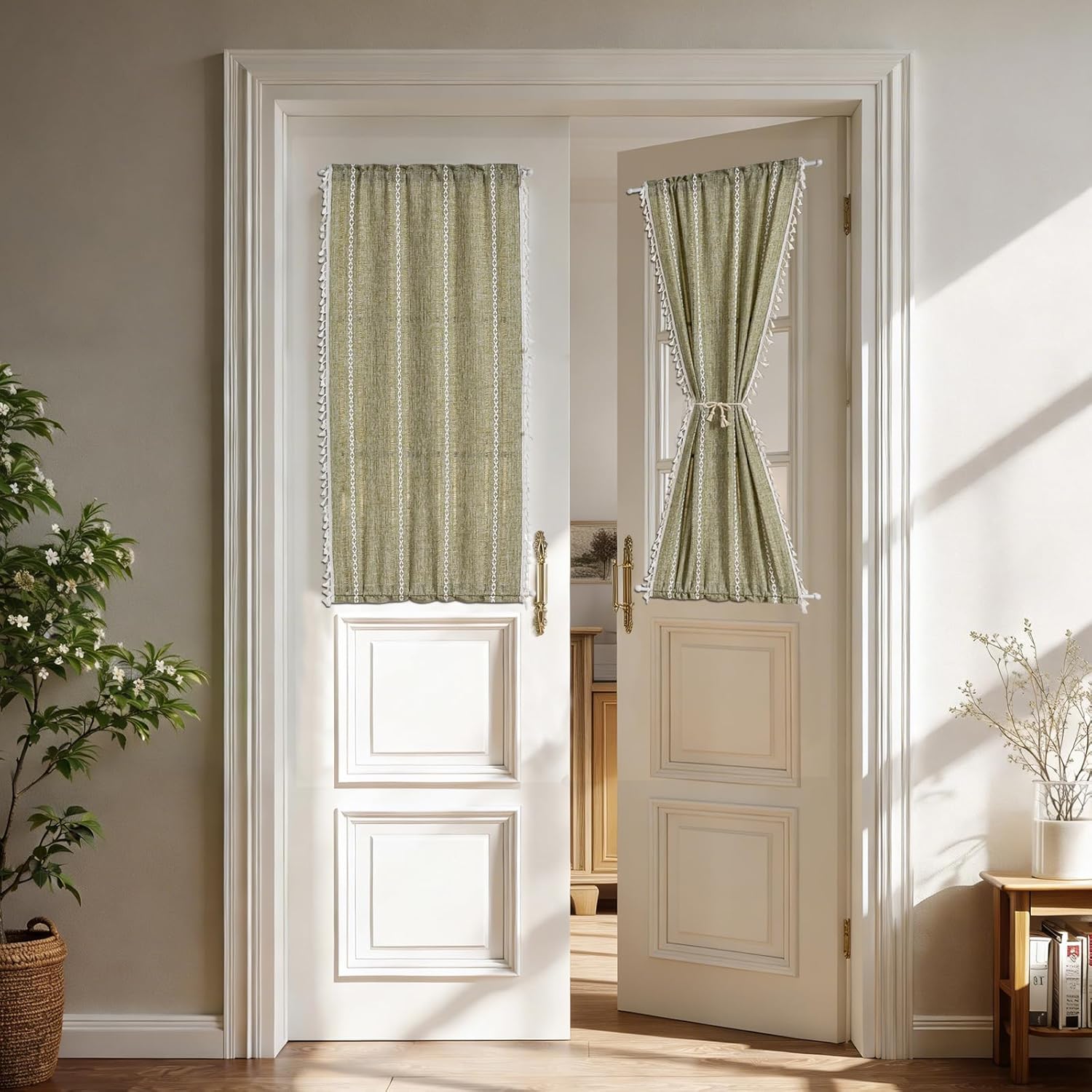 Sutuo Home French Sage Green Door Curtains for Front Door Patio, Boho Curtains Light Filtering Tassels Vintage Privacy Drapes for Glass & Sidelights Window Decor, Rod Pocket 1 Panel 50" W x 40" L