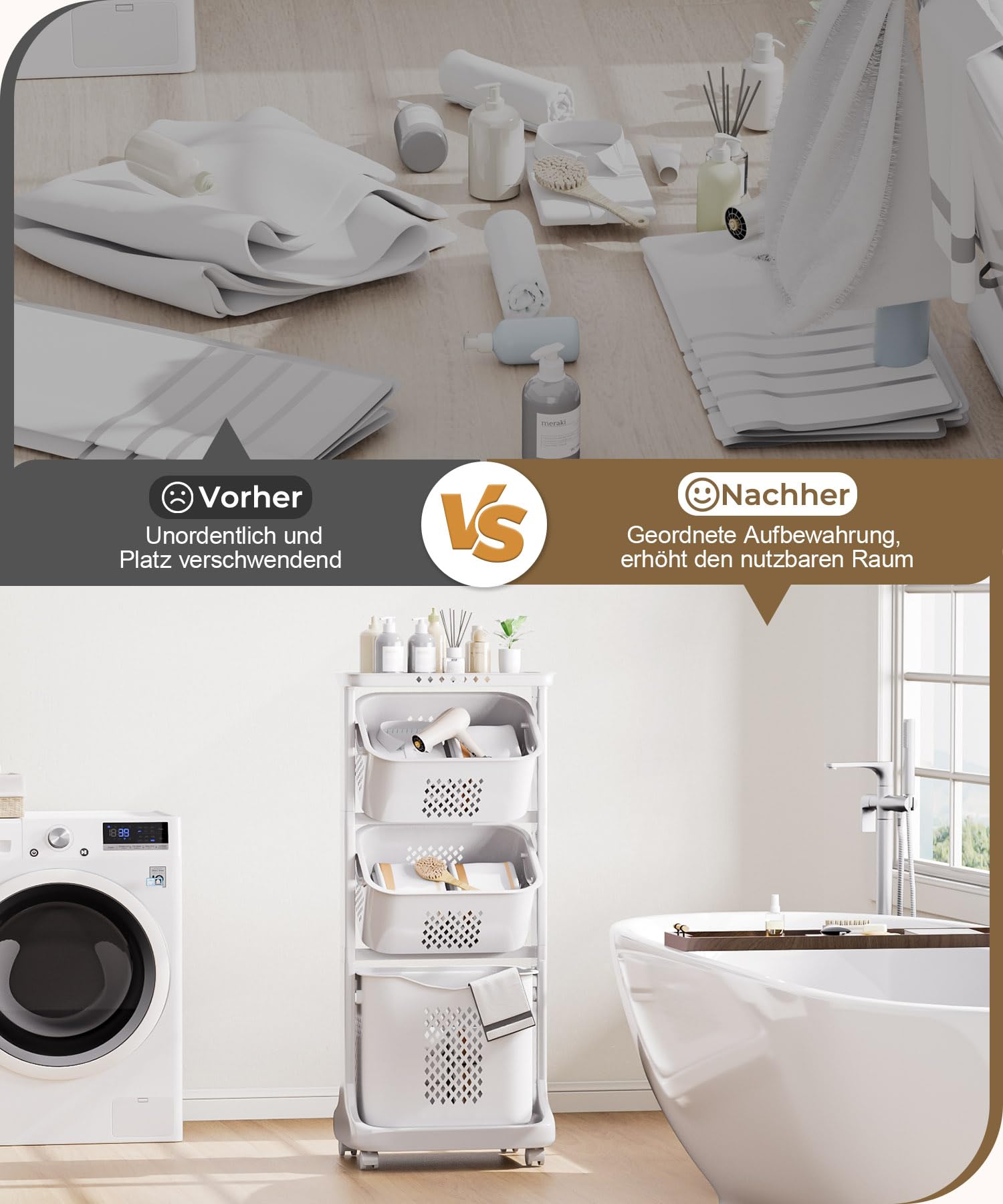 Yorbay Cesta Portabiancheria con Ruota e Manico, 3 Ceste Estraibili, Cesto per Vestiti Sporchi, per Giocattoli, Bagno, Camera, Mobile, 108.8x32.8x43.7cm, Grigio