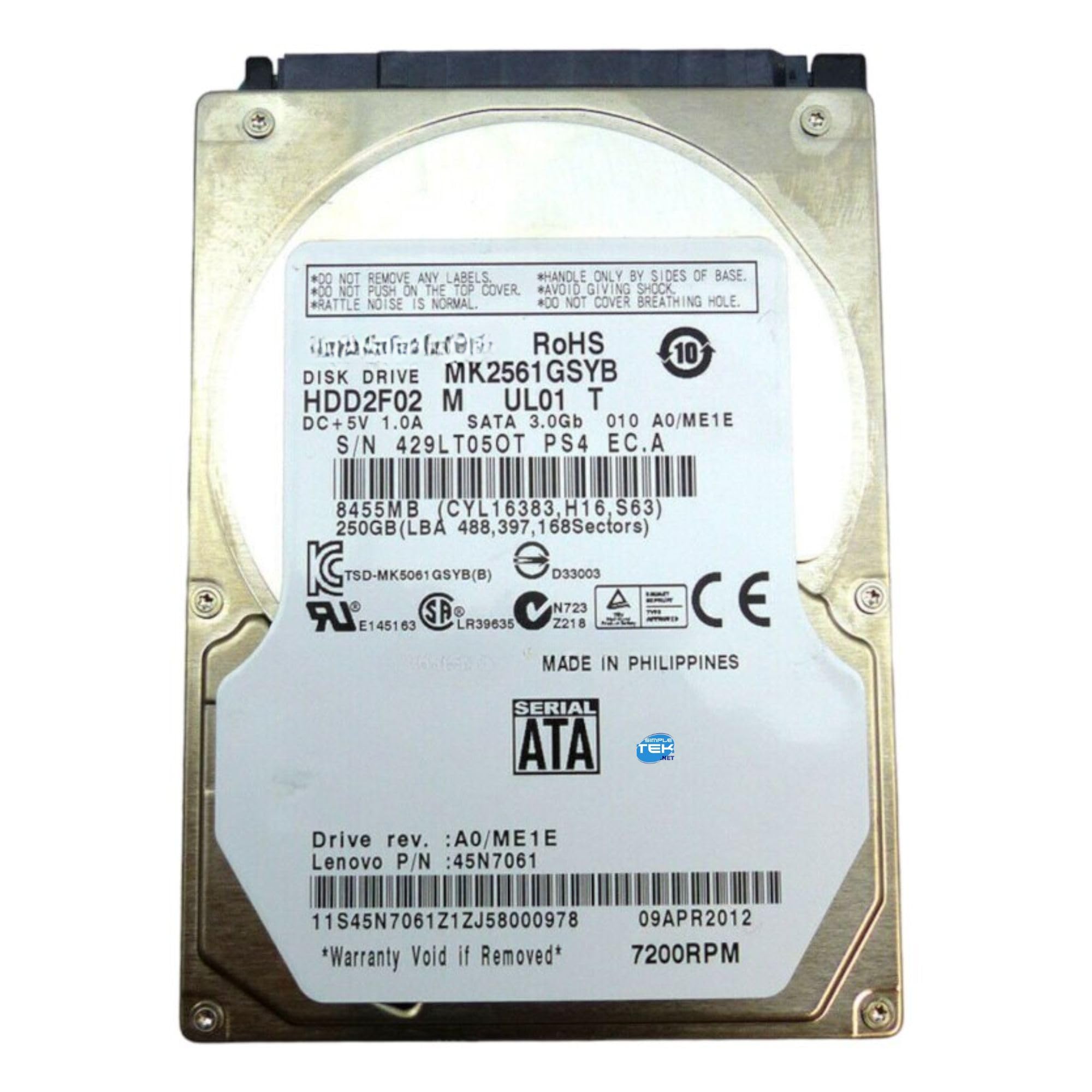SIMPLETEK - Hard Disk interno 2.5" da 250GB | SATA 3 Gbps, 7200RPM | Compatibile con notebook (MK2561GSYB) (Ricondizionato)