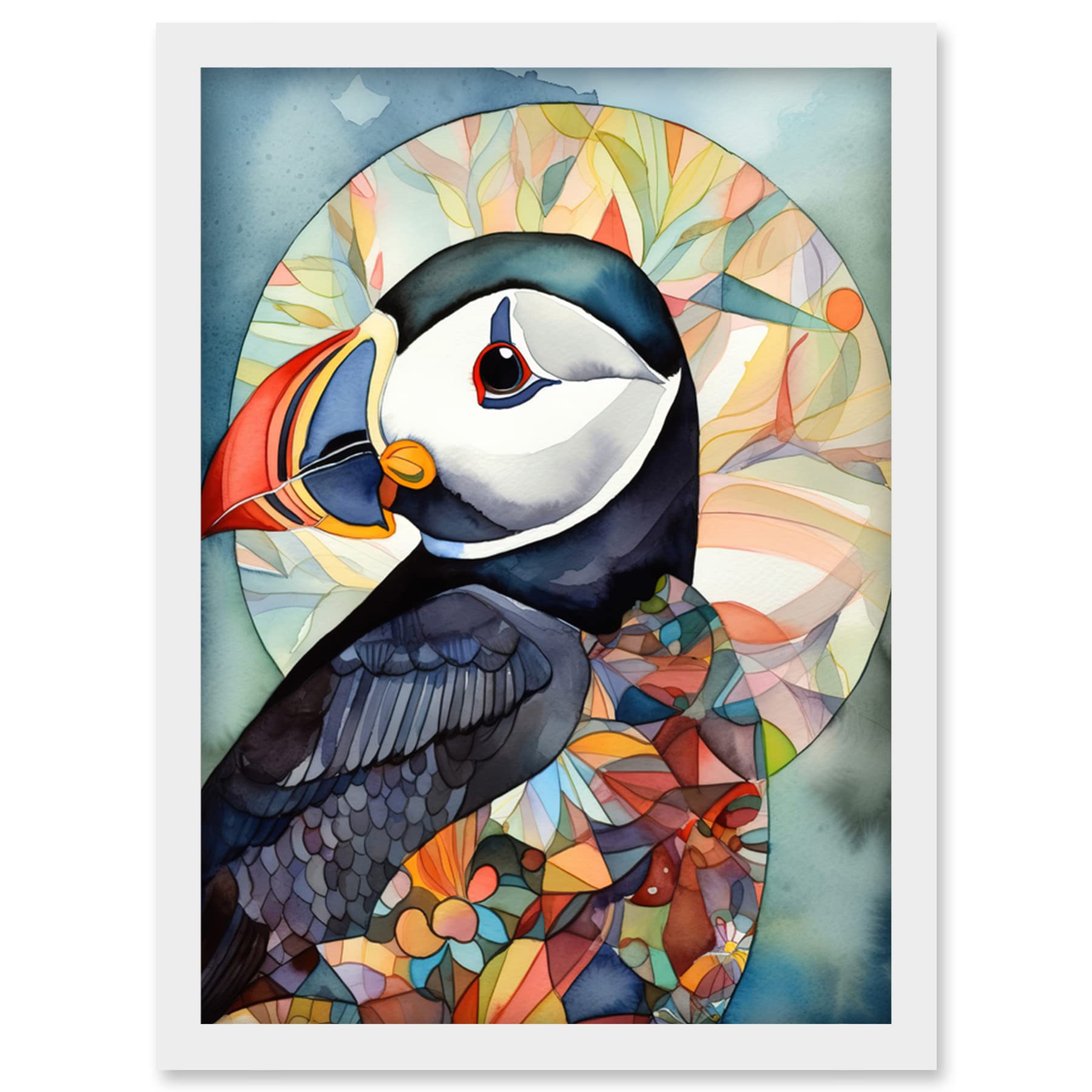 Artery8 Puffin Bird Portrait Folk Art Artwork Framed Wall Art Print A4