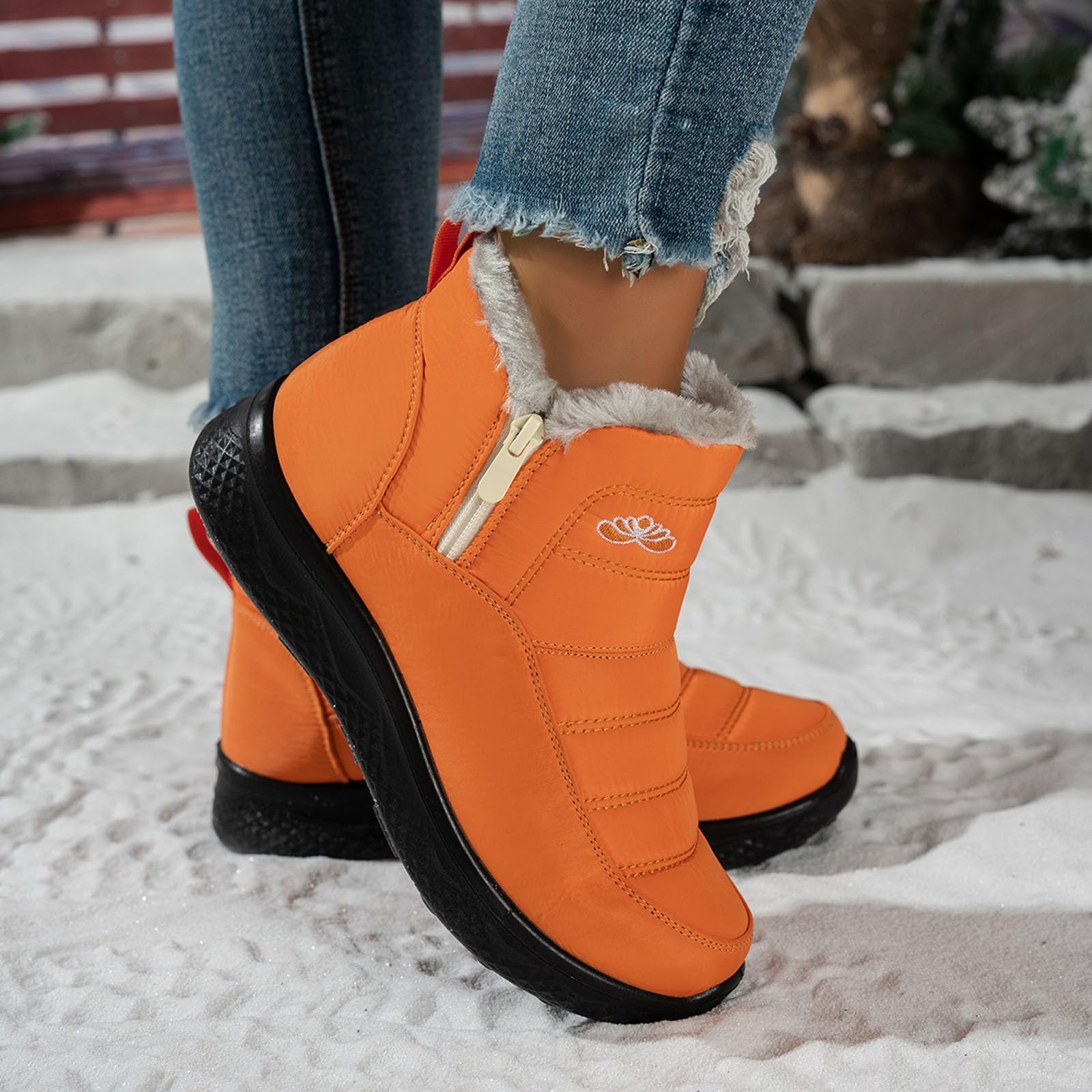 Botas de invierno para mujer, con forro de piel cálida, botas de tobillo para exteriores, antideslizantes, con cremallera lateral, botas térmicas de invierno, botas de nieve, cómodas botines