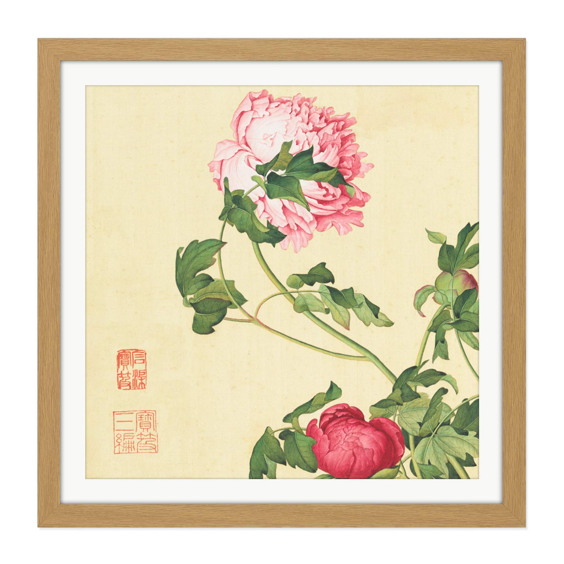 Castiglione Peonies Flower Plant Painting Square Wooden Framed Wall Art Print Picture 16X16 Inch