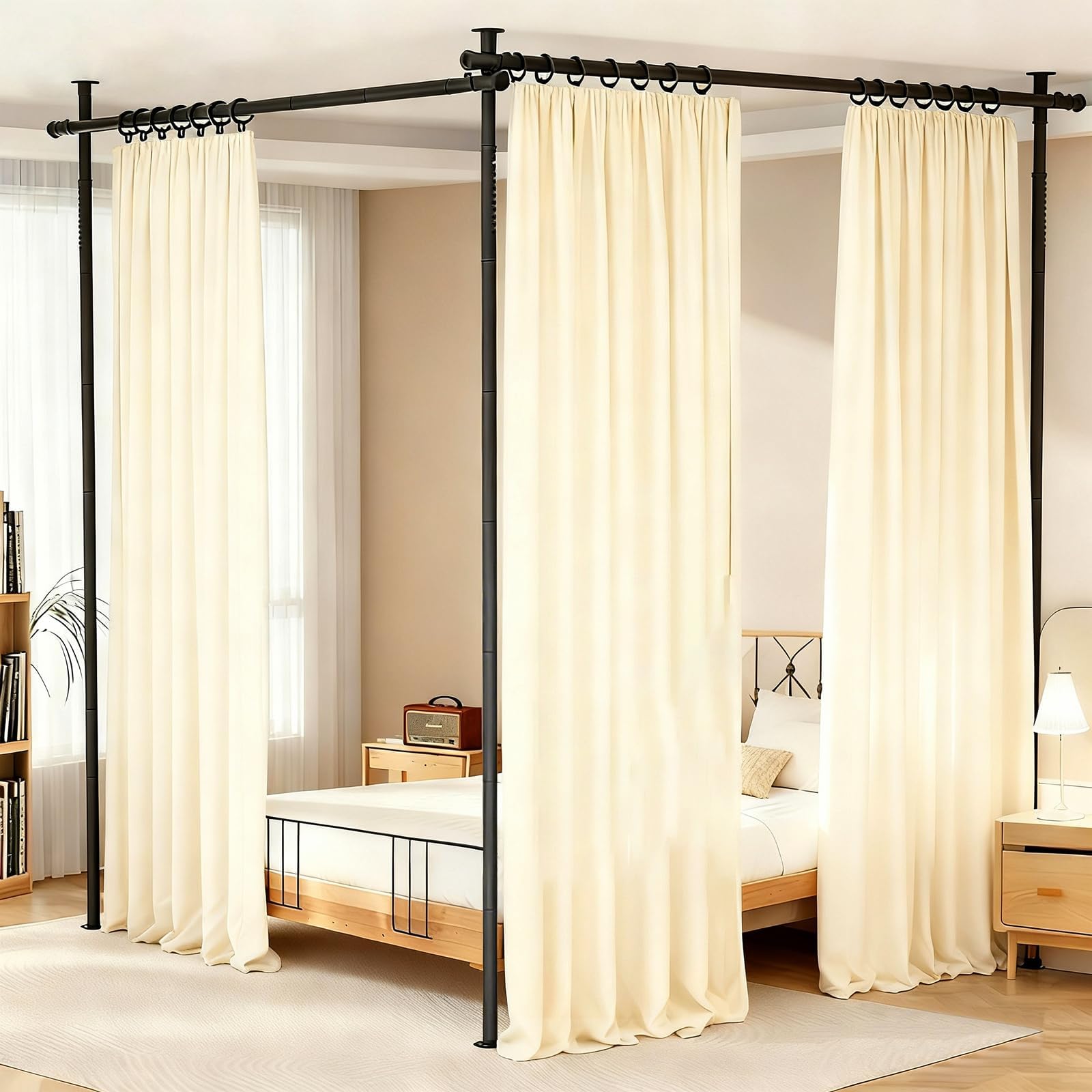 Room Divider Curtain Rod No Drilling, Wall Divider for Room Separation Adjustable 4-10ft(H) 28-140”(W) Heavy Floor to Ceiling Rod, Freestanding Room Separator & Privacy Curtain Divider, Black