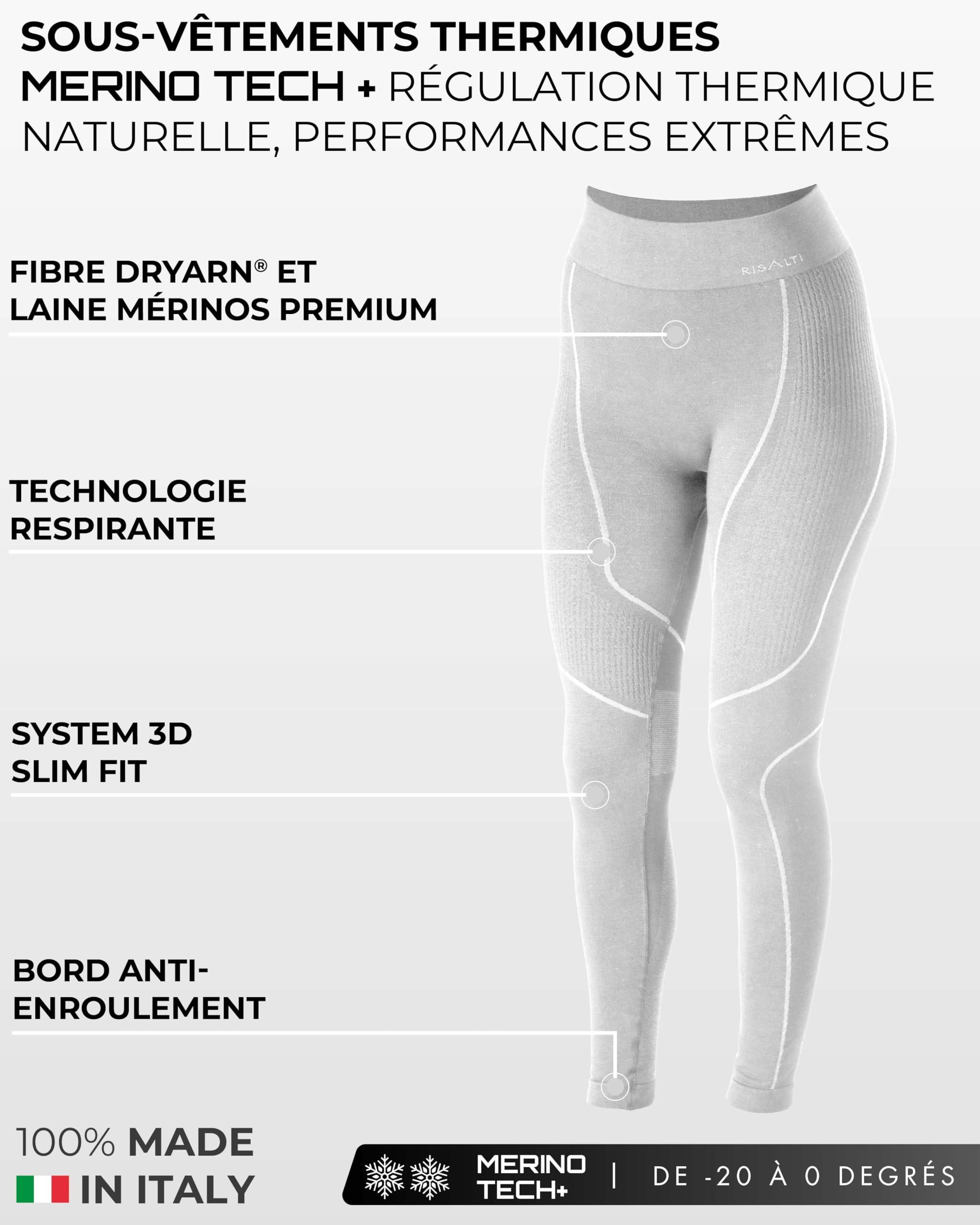 Risalti Collants thermiques pour femme Merino Tech – Pantalon thermique laine mérinos compression sous-vêtements hiver
