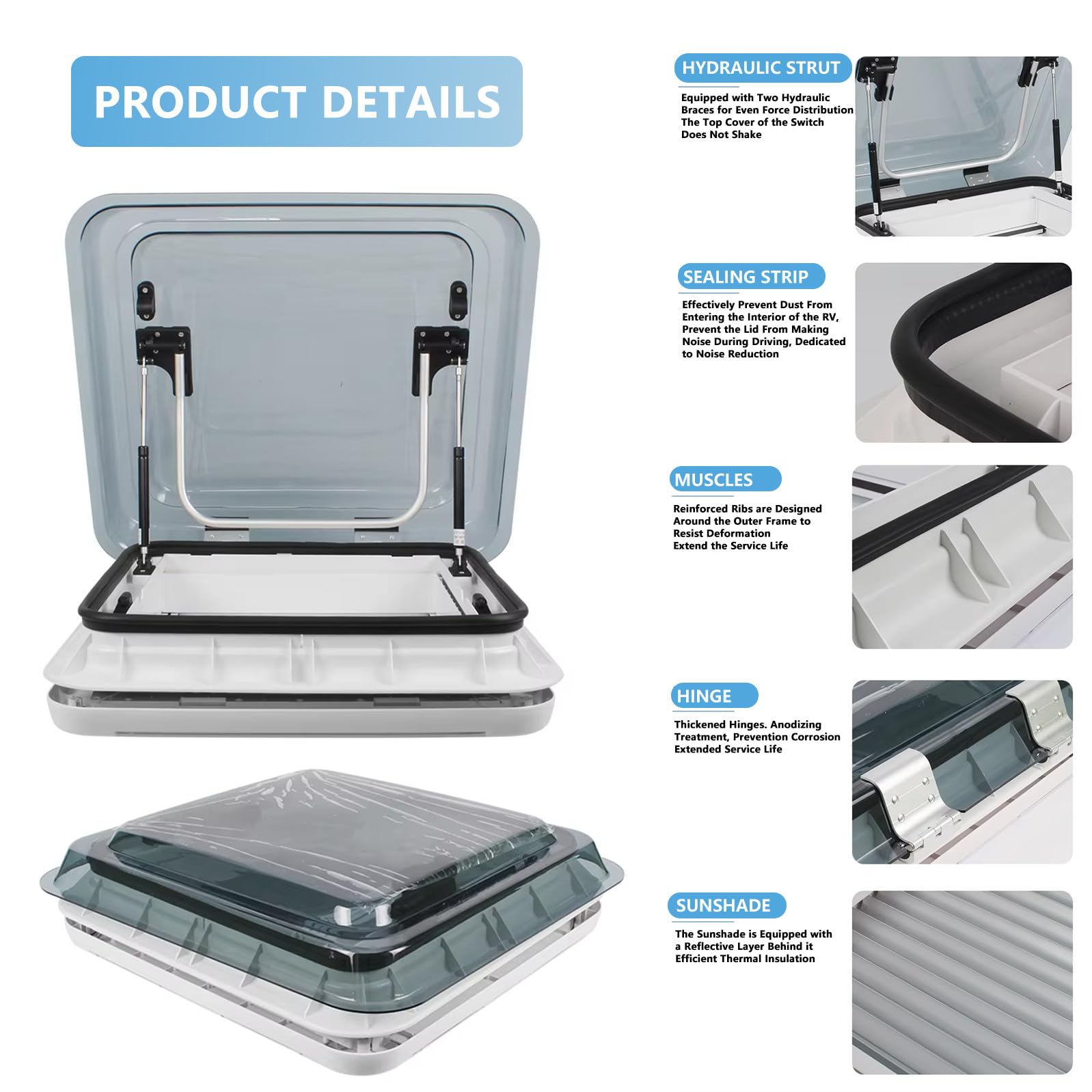 Claraboya para ventana de techo de autocaravana con parasol y mosquitera de 500 x 700 mm, 700 x 500 mm El parasol reflectante integrado reduce el calor, garantiza la privacidad, 70° White-700*500mm