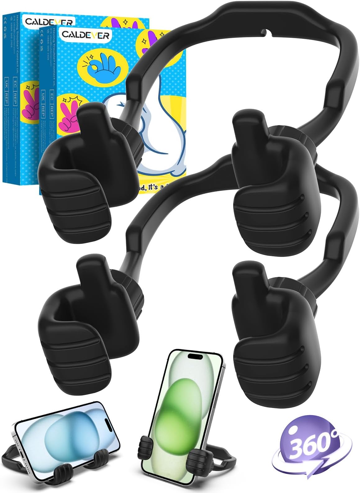 CALDEVER Stocking Fillers for Teenage Boys Girls Adults Cell Phone Stand 2 Pack Black Thumbs Up Lazy Phone Stand for iPhone Cell Phone Holder for Desk Fun Gifts for Christmas Kids Men Women Wife