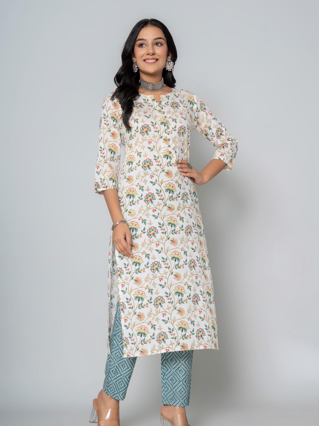 Rytras Women's Cotton Printed Straight Kurta With Pant(Ryt542,Green,L)