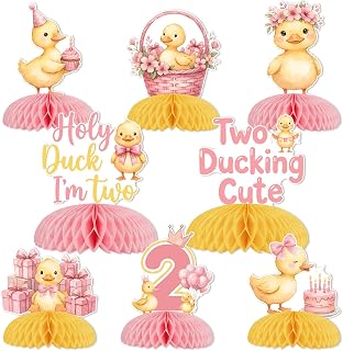 Holy Duck I'm Two Decorations Two Ducking Cute Duck 2nd Birthday Honeycomb Centerpieces Pink Yellow Table Decor for 2 Year Old Girl Party Supplies Celebration Set of 8
