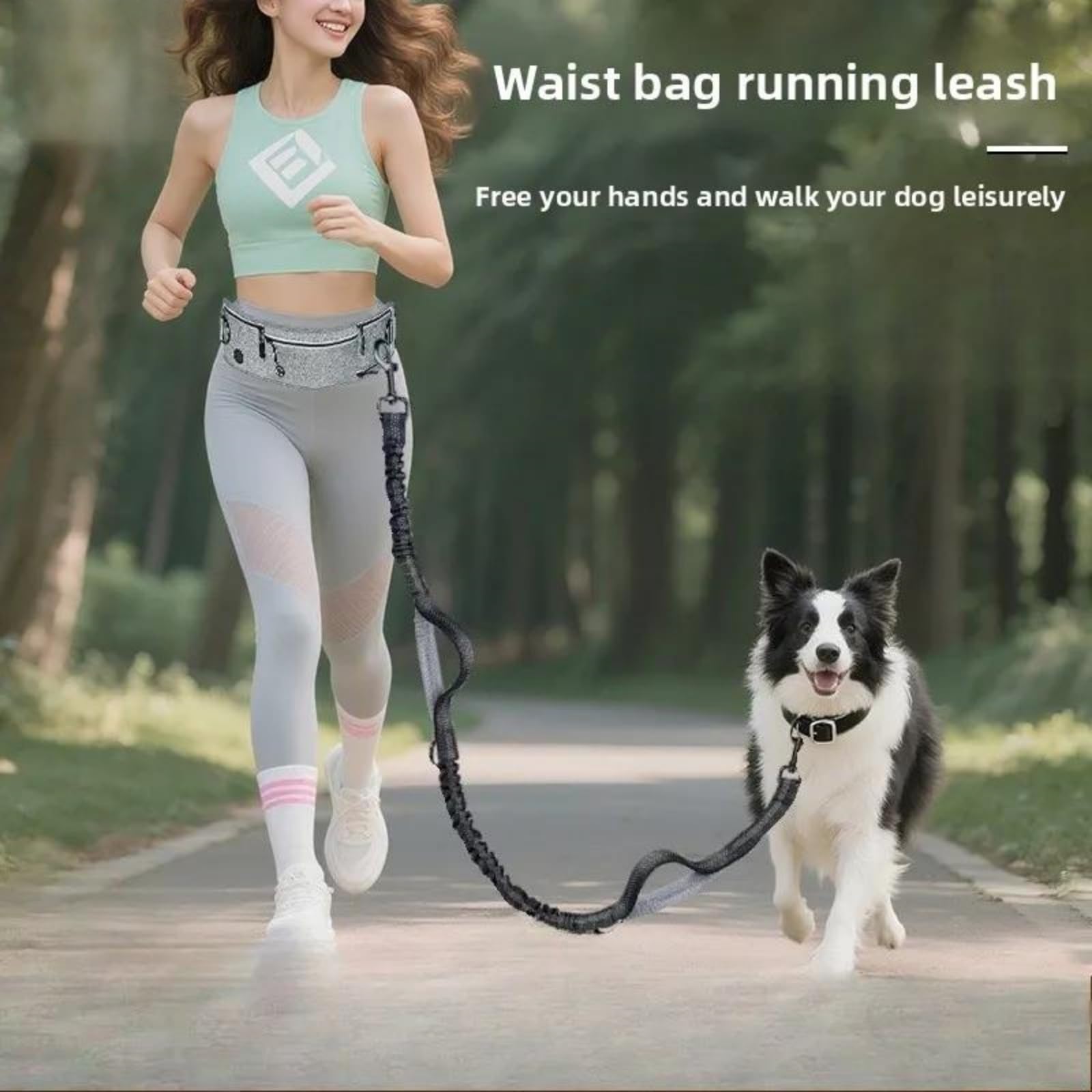 Laisse Mains Libres Ceinture Ajustable Sac Banane, Anti-Traction Réfléchissante Double Poignée Grands Chiens, Jogging Randonnée Cyclisme,Bleu