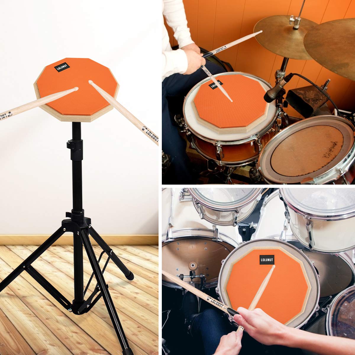 Pad de batterie d'entraînement silencieux double face en caoutchouc souple avec bâtonnets de batterie en bois massif 20 cm - Orange