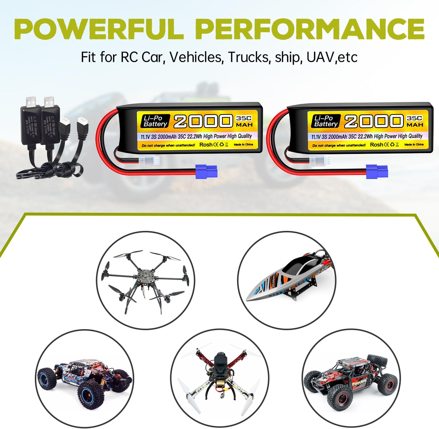 sea jump 2PCS 3S Lipo Battery 11.1V 2000mAh 35C with EC2 Plug and USB Charging Cable Suitable for RC Car Truck Boat, RC Quadcopter Aircraft, FPV Drone Battery