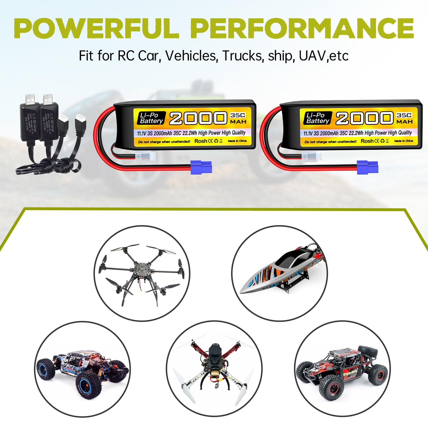 2PCS 3S Lipo Batteria 11.1V 2000mAh 35C EC2 Plug con cavo di ricarica USB per RC Auto Camion RC Barca RC Quadcopter FPV Drone Batteria