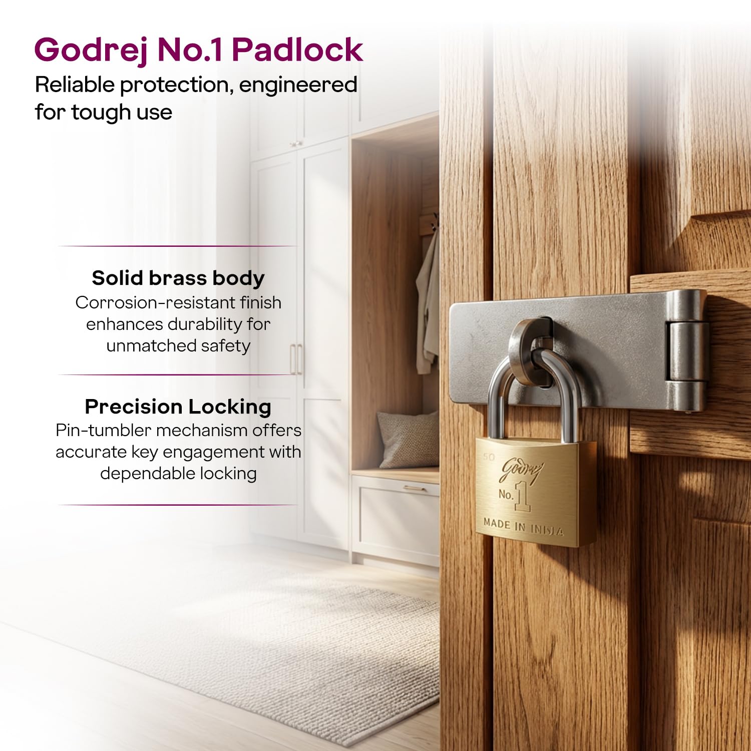 Godrej No. 1 Made in India 50mm Square Padlock for Door, Hardened Shackle Brass Finish Lock for Main Door with 3 Keys (Gold, Pack of 1) 1