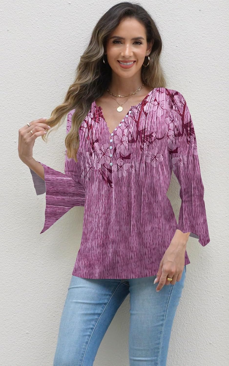 Womens Tops Dressy Casual Pleated Button Neck Summer Blouses 3/4 Flared Sleeve Fall Shirts - Image 2