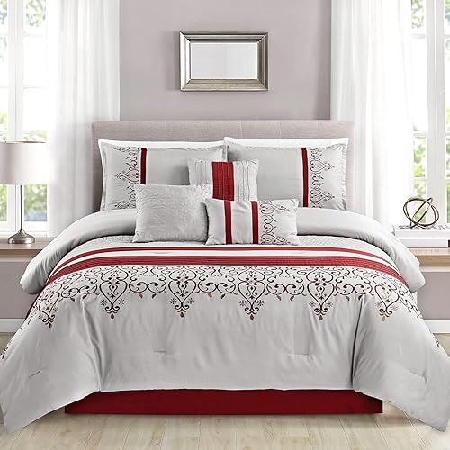 Miniatura 2 de MERRY HOME Juego de edredón tamaño Queen  Bordado acolchado de lujo, juegos de edredón de 7 piezas con fundas de almohada y almohadas decorativas