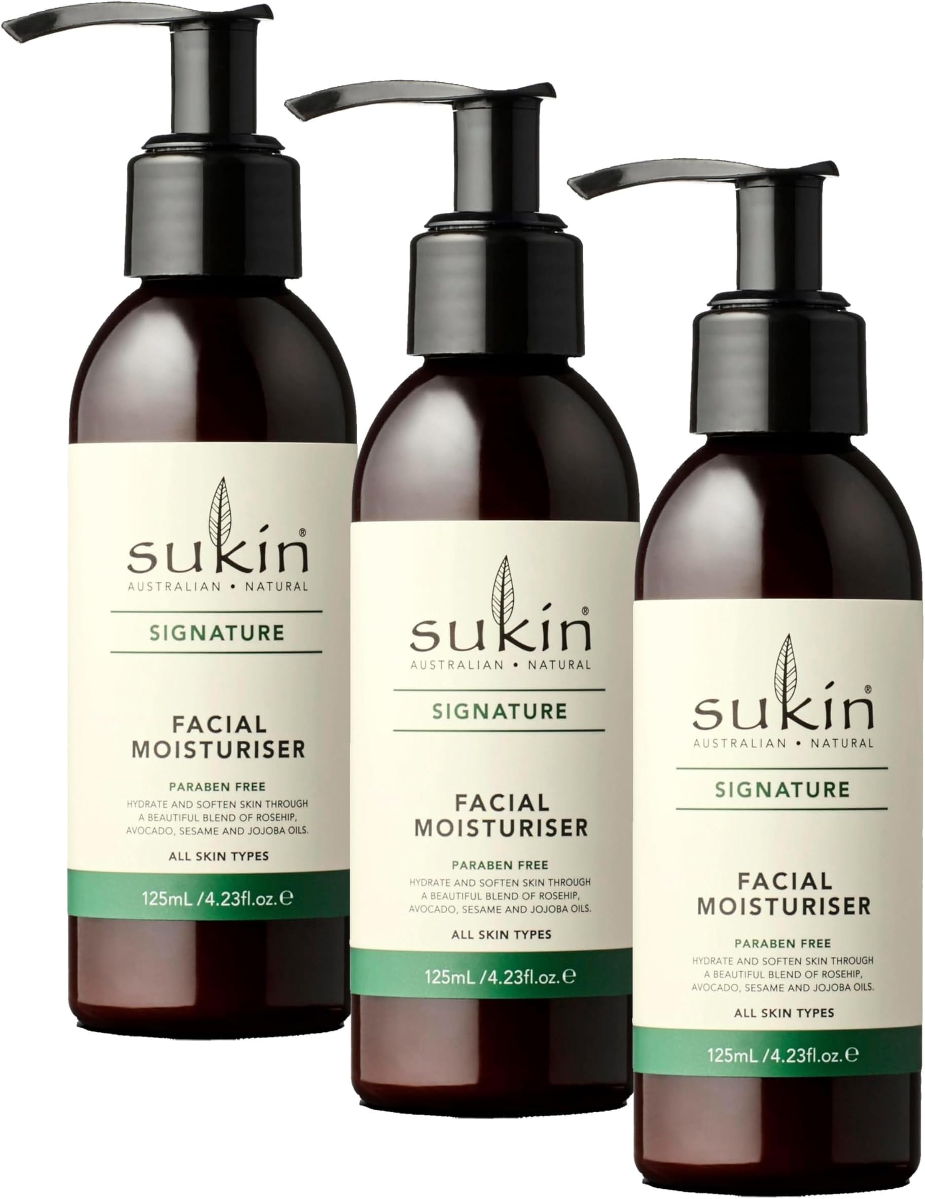 Sukin Facial Moisturizer Pump, Hydrating Face Cream with Wheat Germ and Vitamin E to Deeply Nourish, Soften and Improve Skin Texture, 4.23 Fl Oz (Pack of 3)