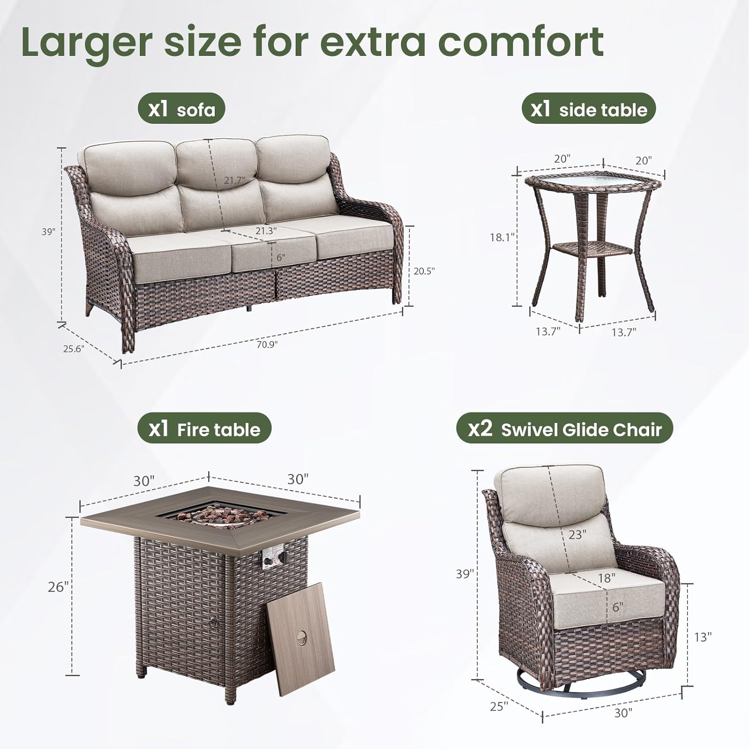 Luxury Patio Furniture Set with 6-inch Thick Cushion, Outdoor Furniture with Fire Pit Table, Swivel Chairs, Side Table, Sofa, 5pcs Wicker Conversation Set for Deck Yard and Poolside(Beige)