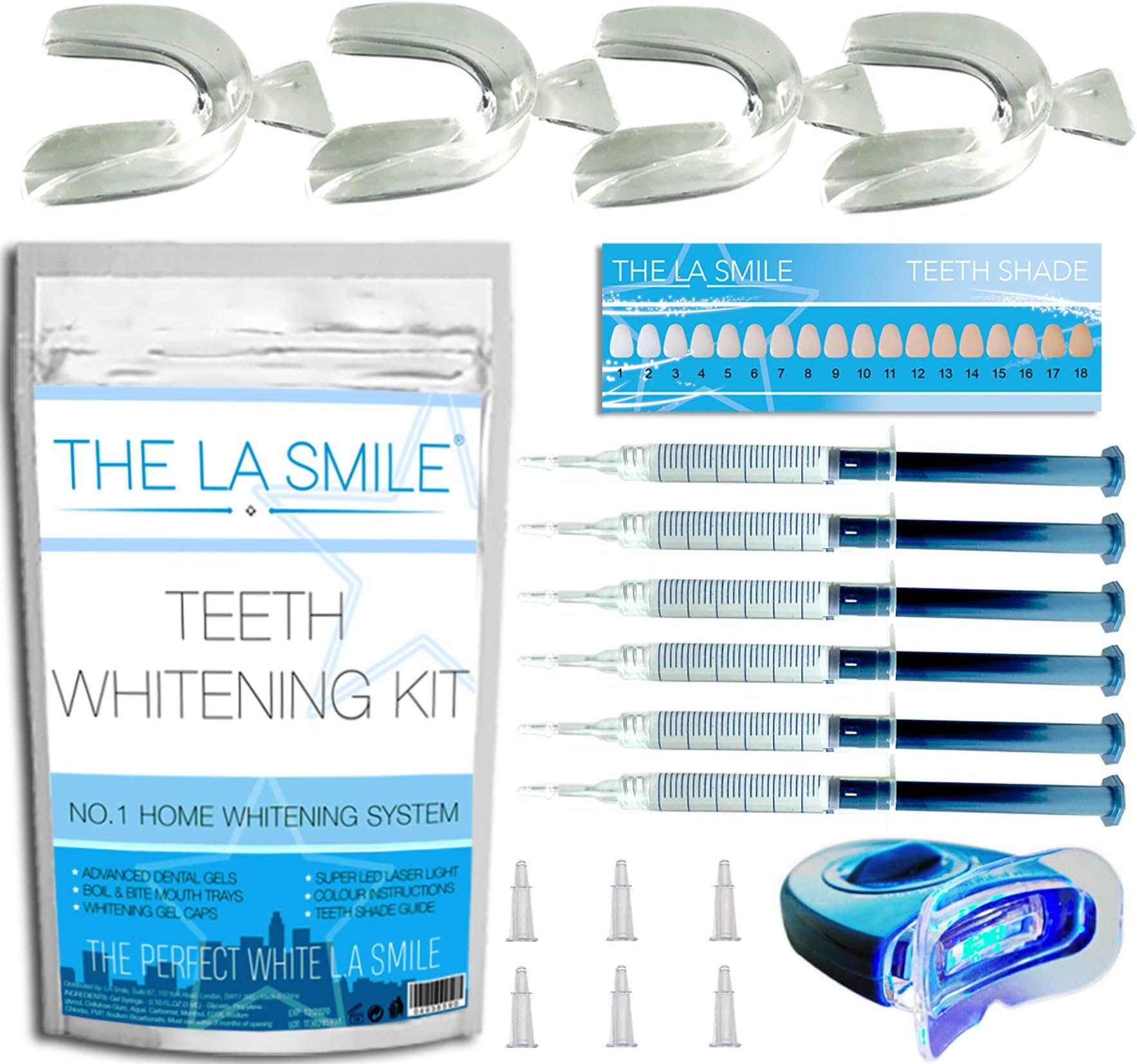 DELUXE HOME TEETH WHITENING KIT WITH + BLUE LED LASER LIGHT - 6 HIGH LEVEL DENTAL GELS PROFESSIONAL WHITENING **AMAZING RESULTS + 100% MONEY BACK GUARANTEE