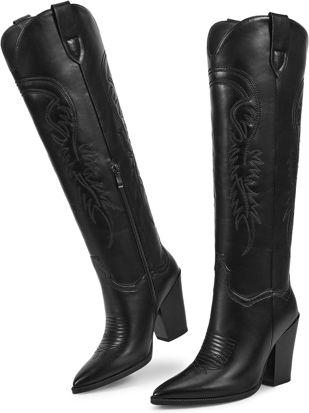 ISNOM Women's Cowgirl Boots Pull On Knee High Boots, Cowboy Western Embroidered Chunky Block Heel Pointed Toes Boots - Image 5