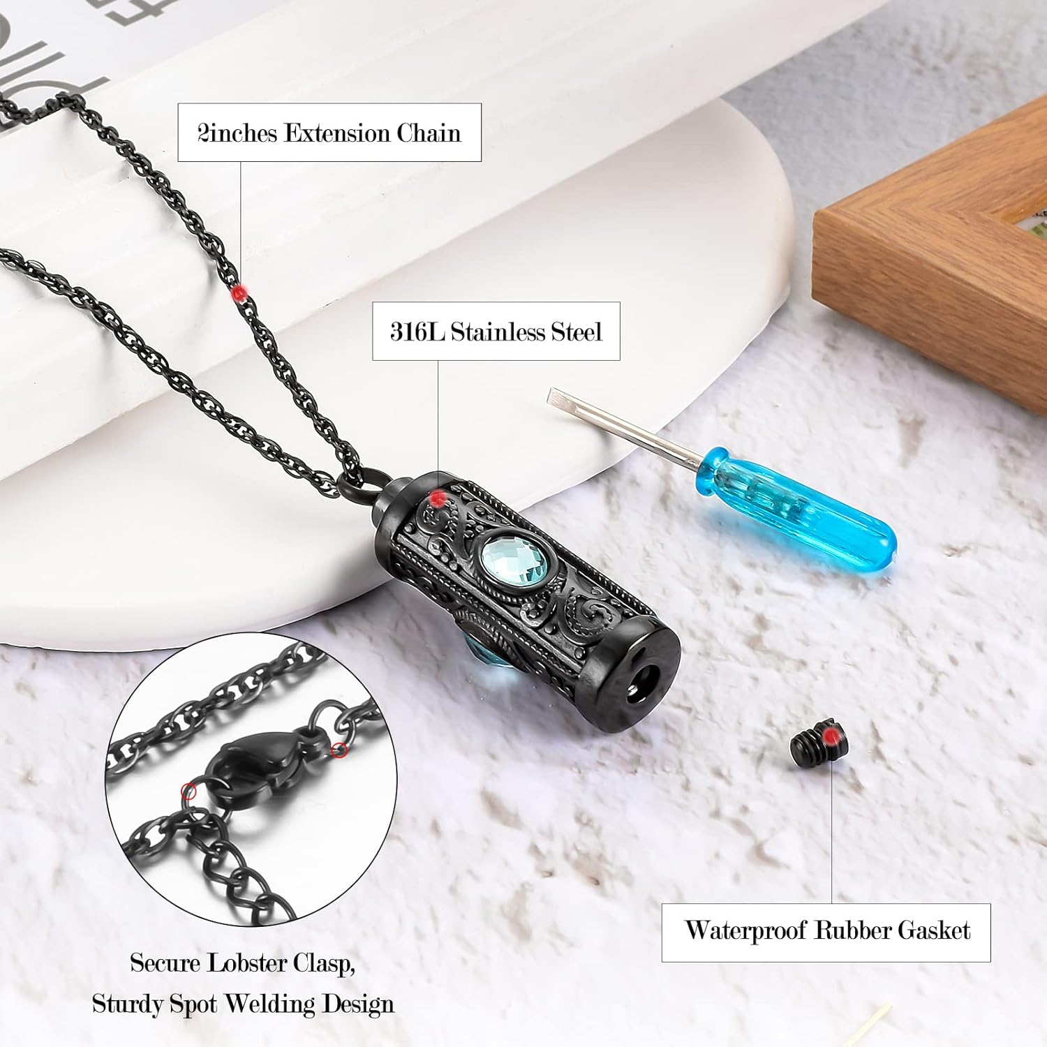 XIUDA Crystal Cremation Urn Necklace for Ashes Keepsake Stainless Steel Memorial Pendant with Flower - Image 3