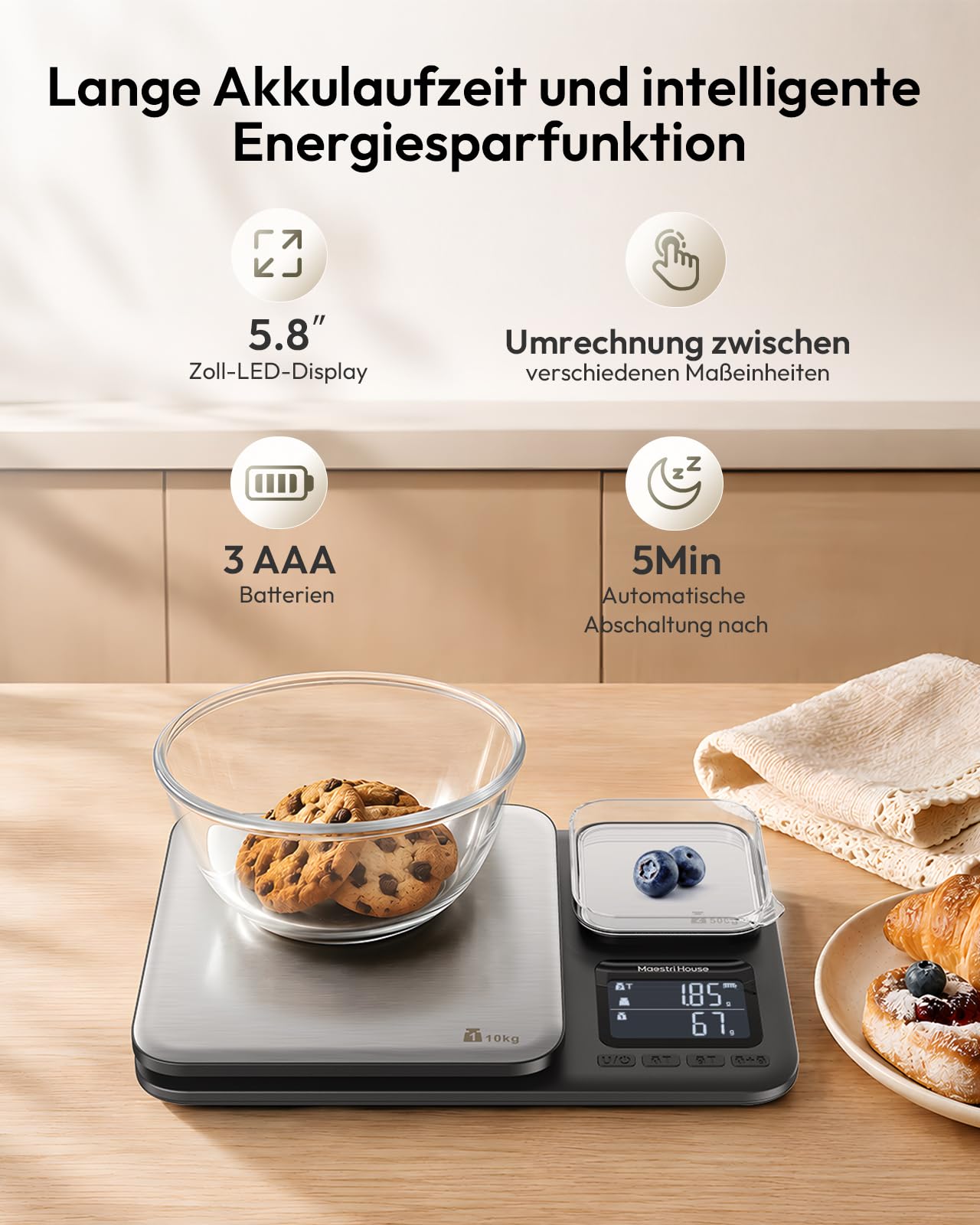 Maestri House Küchenwaage mit zwei Wägeplattformen, hohe Präzision von 0,01 g und Gesamtkapazität von 10 kg/1 g, Zwei-in-Eins-Lebensmittelwaage aus Edelstahl mit Tara- und Summierfunktion