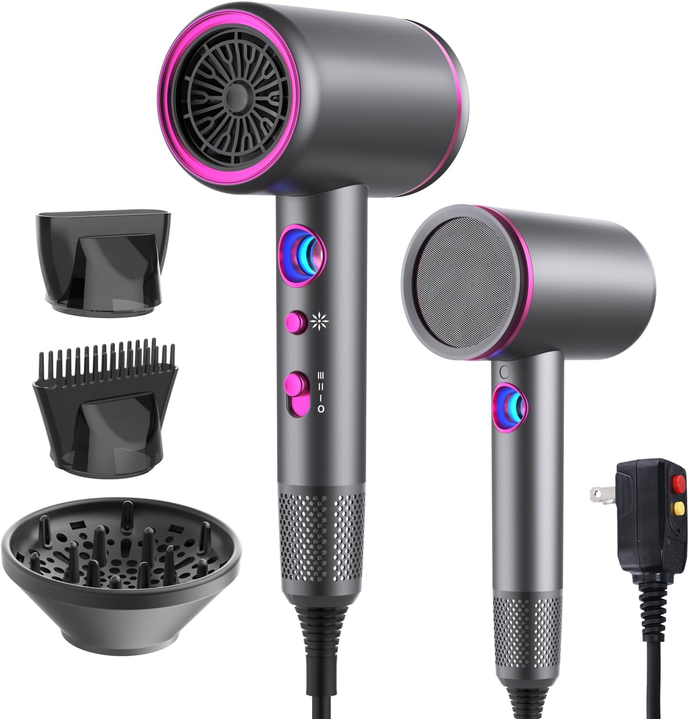 Professional Hair Dryer,1875 Watt High-Speed Ionic Blow Dryer with Diffuser/Concentrator/Comb Nozzle,LED Temp Display,Intelligent Temp Control,Low Noise for Home Salon Travel (Silvery)