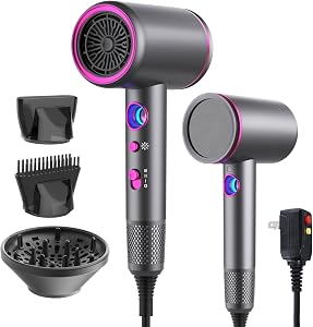Professional Hair Dryer,1875 Watt High-Speed Ionic Blow Dryer with Diffuser/Concentrator/Comb Nozzle,LED Temp Display Light,Intelligent Temp Control,Low Noise for Home/Salon/Travel (Silvery)